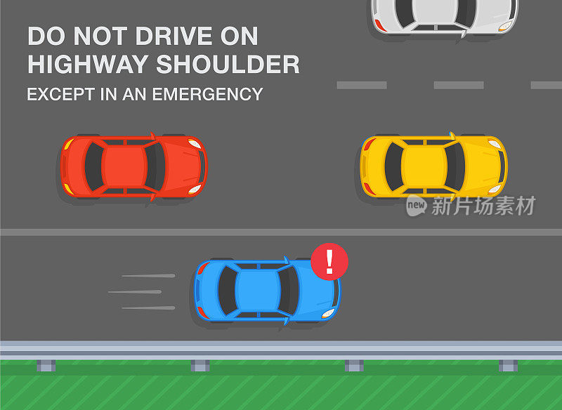 高速公路、高速公路、高速公路的交通规则。除紧急情况外，不要在公路肩路行驶。一辆蓝色轿车在高速公路上行驶。前视图。