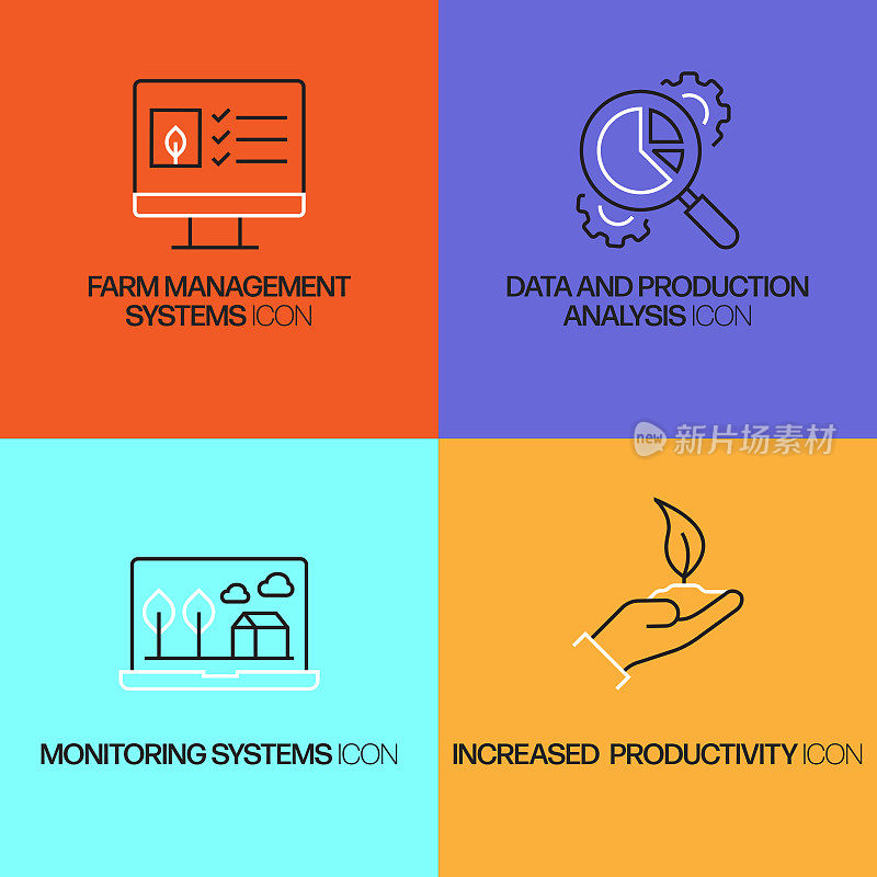 智能农场相关的矢量线图标。轮廓符号集合