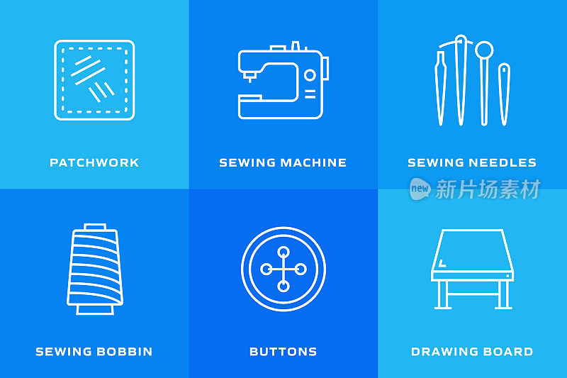 缝制相关的矢量线图标。轮廓符号集合
