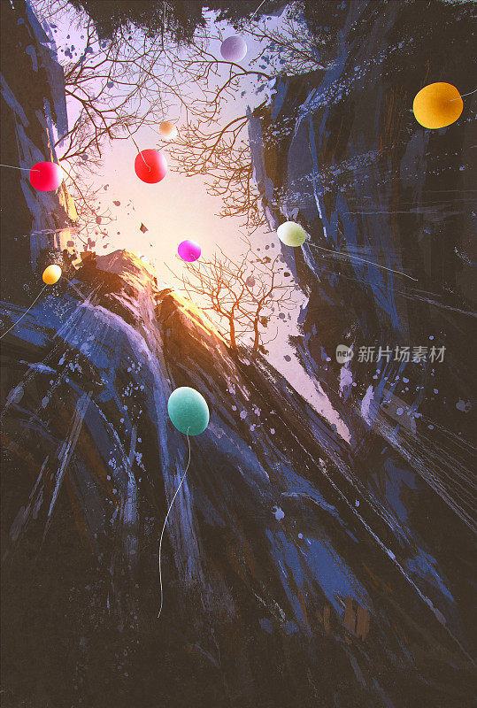 彩色的气球飘向天空，周围是悬崖峭壁