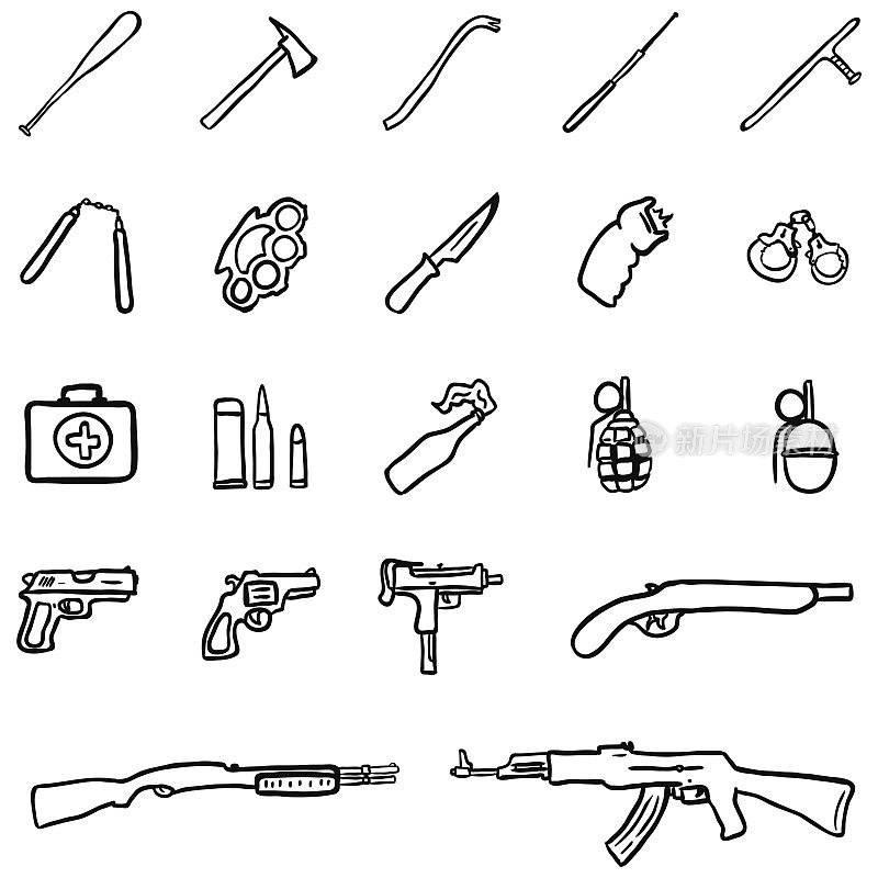 矢量设置的黑色涂鸦武器图标