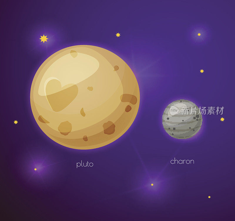 冥王星和它的卫星卡戎，卡通风格的太空物体