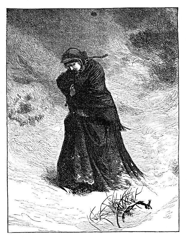 女人在雪地里行走1862年杂志