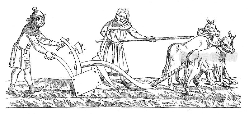 中世纪英国的工人和犁头(古代雕刻)