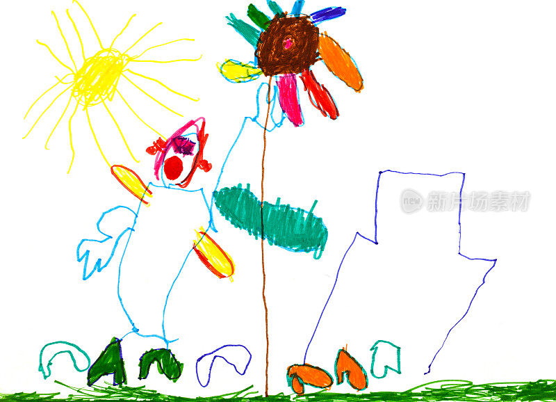 儿童绘画-人，房子，花和太阳