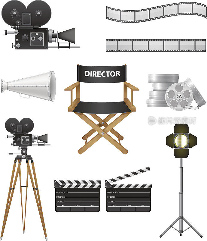 设置图标电影摄影电影和电影矢量插图