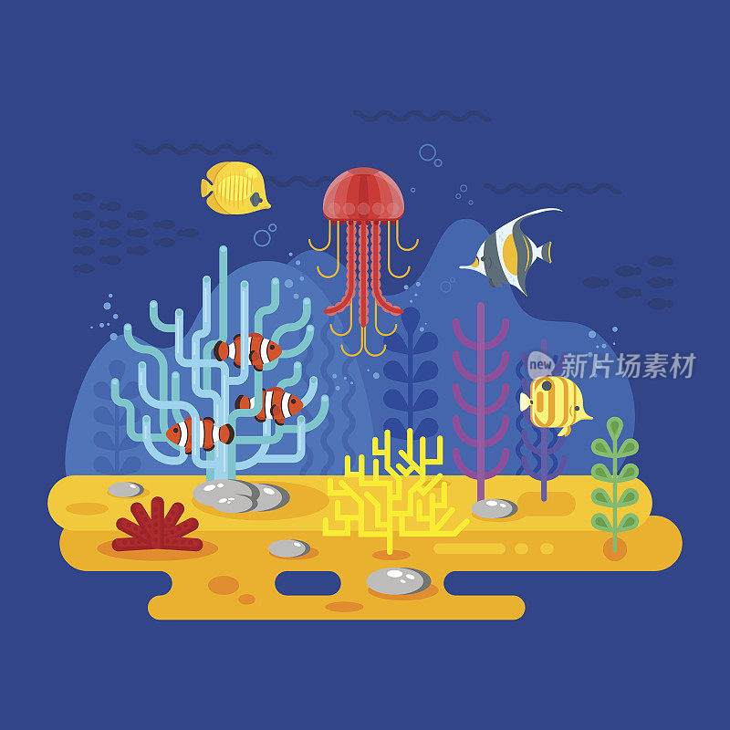 矢量平面风格的珊瑚礁与鱼的插图。