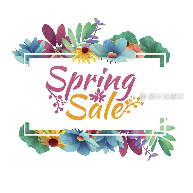 设计横幅与春季销售图标。打折卡的春天与白色框架和草本。提供春季植物、叶、花装饰优惠。向量