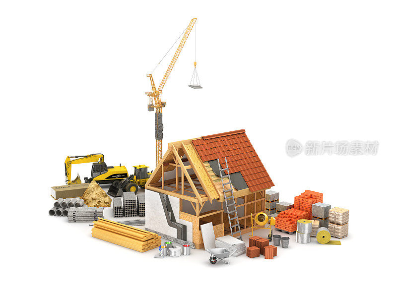 建筑材料，木结构房屋的建造及其保温。三维演示