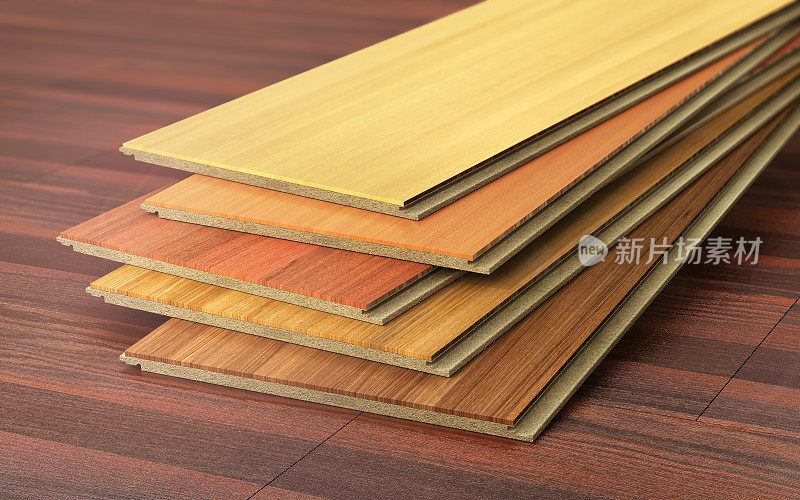 在一个木制模糊的背景上的木层压板镶木地板堆叠。三维演示