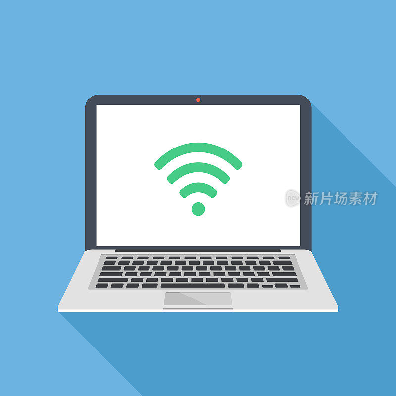 笔记本屏幕上的Wi-Fi图标。无线技术，wifi连接，无线网络，热点概念。现代平面设计图形与长阴影。矢量图