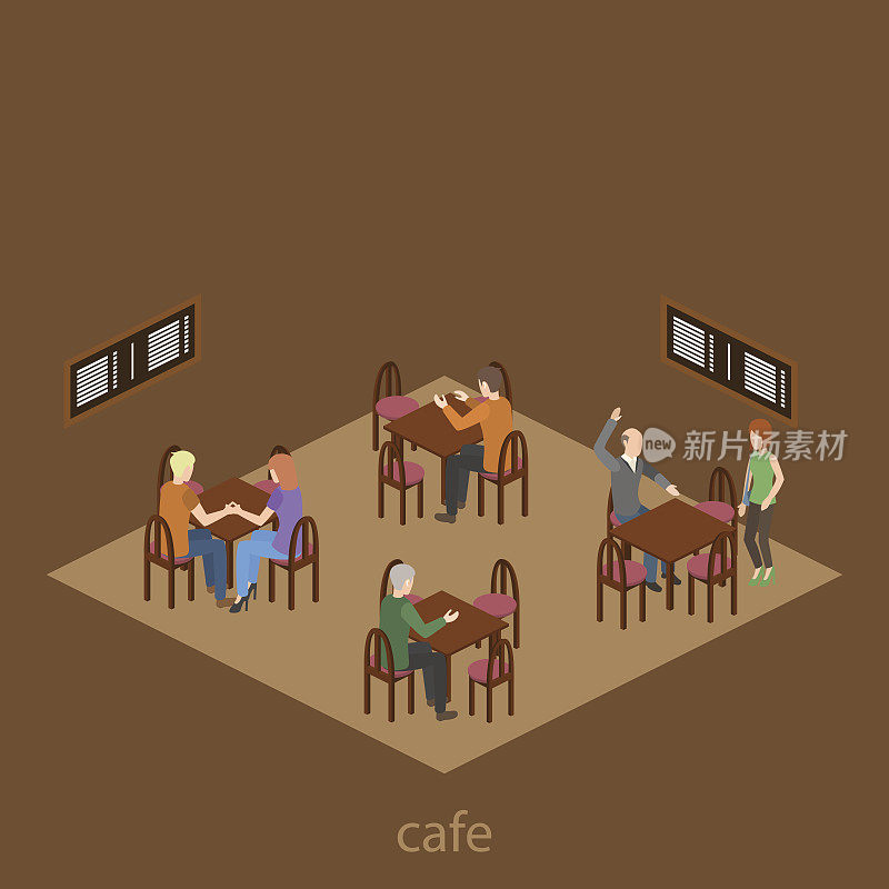 咖啡厅咖啡厅内部的等距旗帜在棕色色调与服务员服务游客等距矢量插图