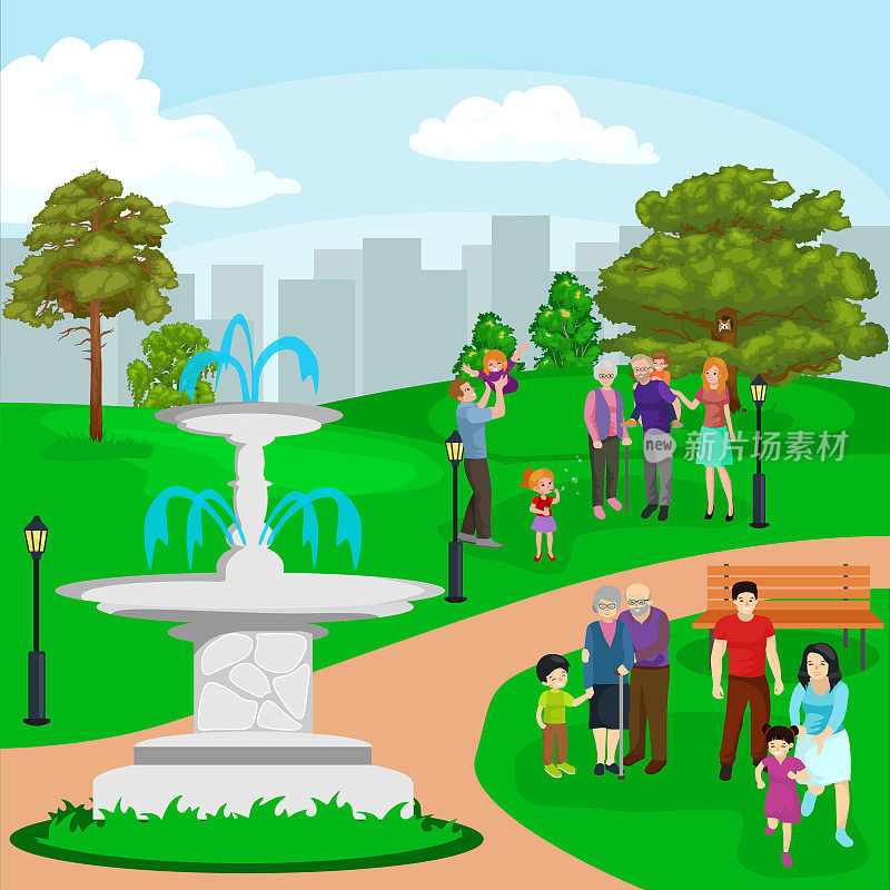 快乐的家庭在公园里有喷泉，男孩和女孩在户外玩花园瀑布，休闲的人在度假矢量插图