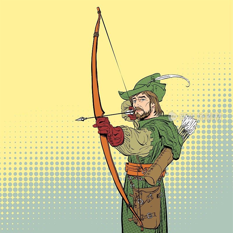 罗宾汉瞄准目标。罗宾汉拿着弓箭站在那里。后卫的虚弱。中世纪的传说。中世纪传说中的英雄。半色调的背景