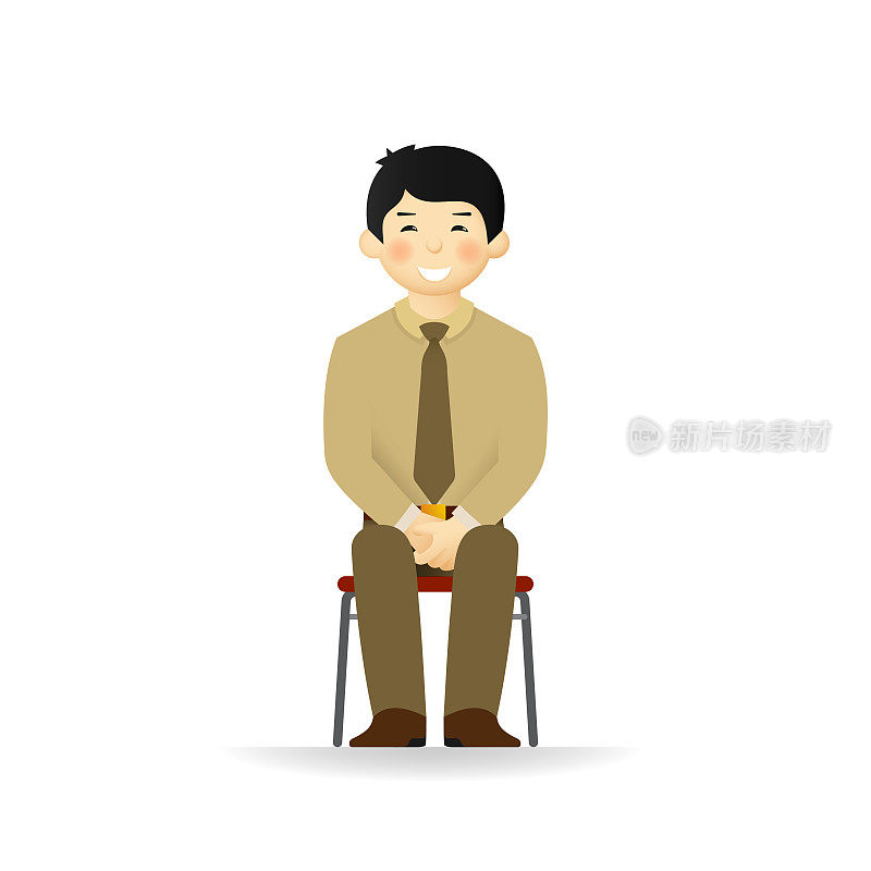 向量厚脸皮的亚洲人在商务套装摆姿势。坐在椅子上。