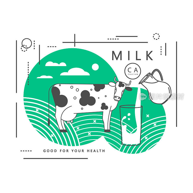 一杯牛奶，一个水罐和一头奶牛。矢量插图。