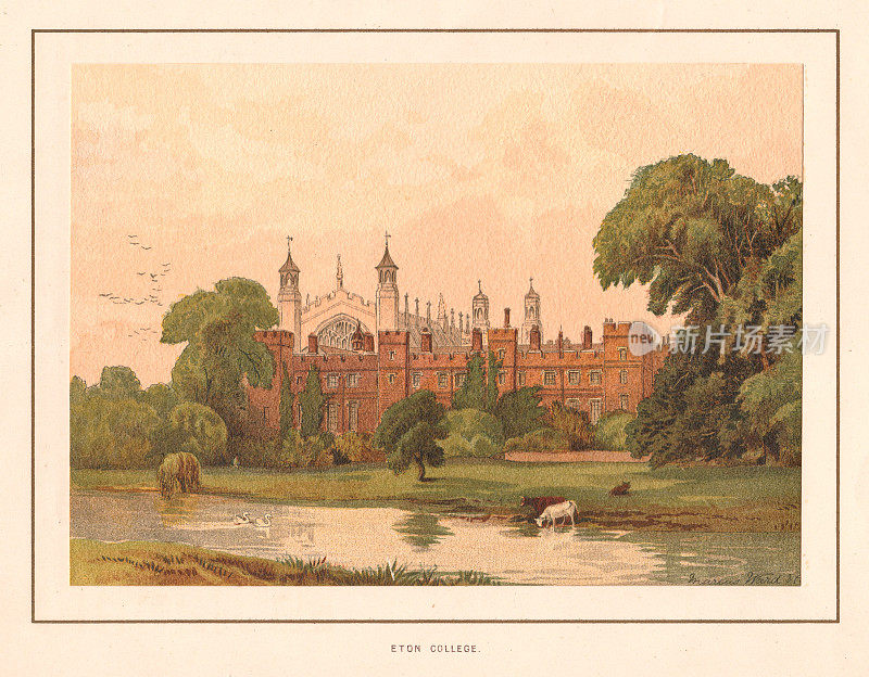 维多利亚色彩插图伊顿学院看到的河对岸;19世纪的私立学校和教育