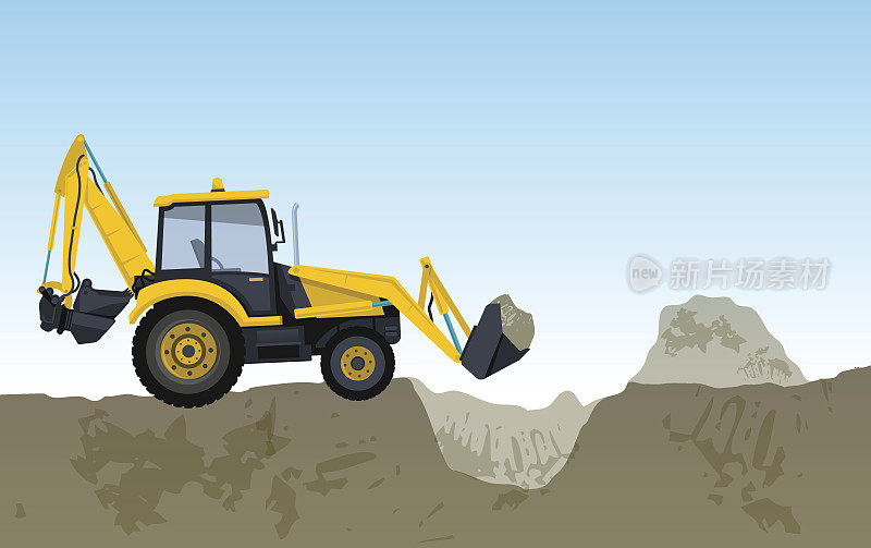 黄色的大挖掘机筑路挖洞，地面工程。工程机械及地基工程。