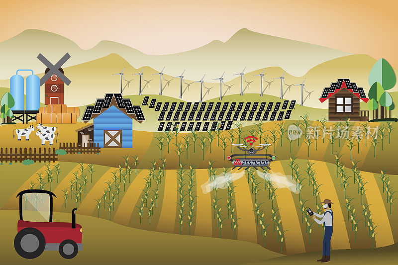 智能农场概念，农民使用无人机喷洒农药在他的农场-矢量插图