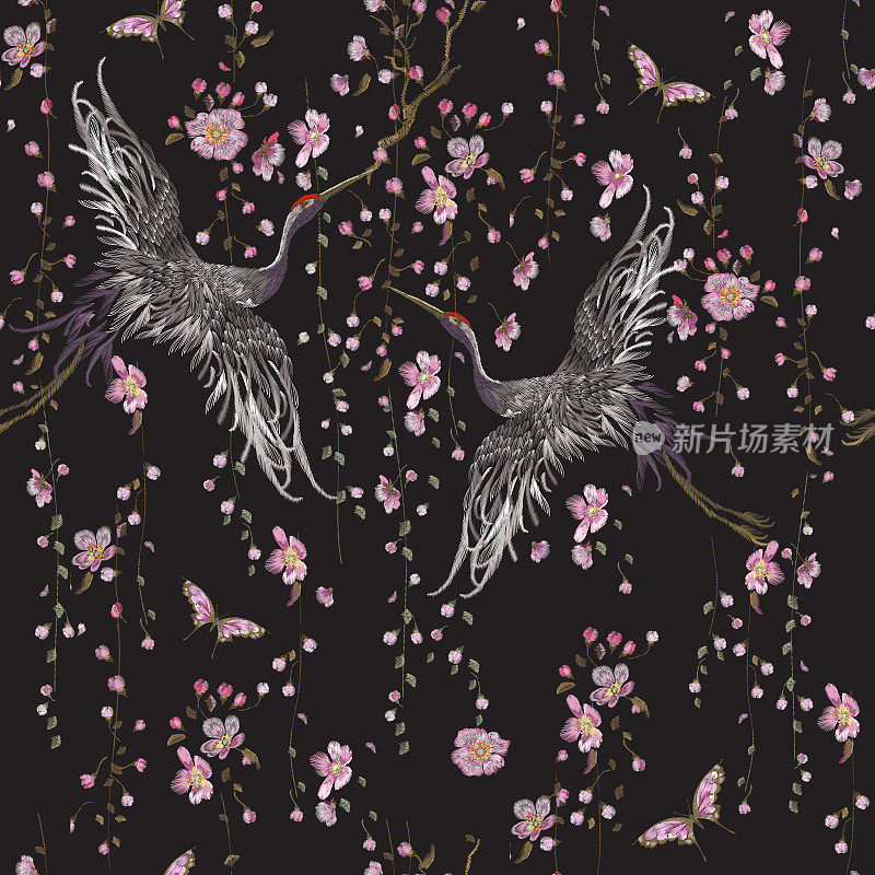 刺绣东方无缝图案仙鹤和樱花。