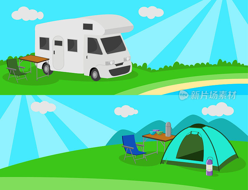 在草地上露营。