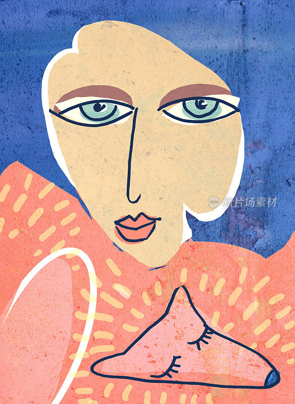 一张海报，上面画着一个戴着狐皮项圈的30岁女人。纹理复古拼贴画。一个蓝头发女人的肖像