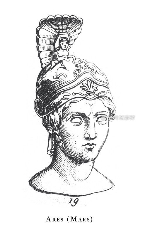 阿瑞斯(战神)，来自希腊和罗马神话的传奇场景和人物雕刻古董插图，出版于1851年