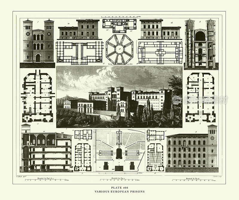 雕刻古董,各种欧洲监狱雕刻古董插图,1851年出版