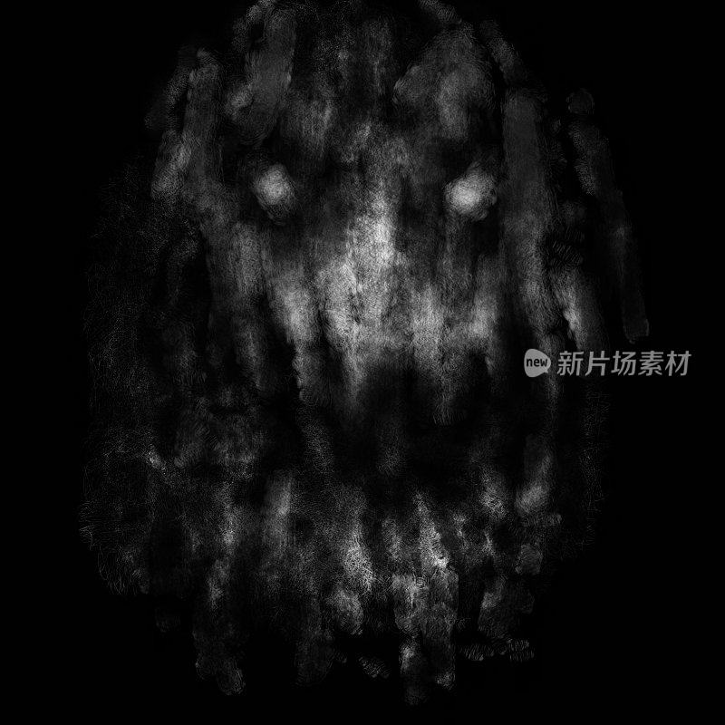 黑暗中张开大口的可怕怪物。恐怖题材的黑白插图。