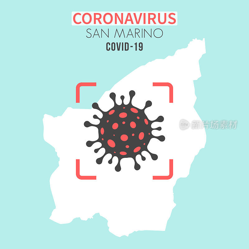 圣马力诺地图，红色取景器显示冠状病毒(COVID-19)细胞