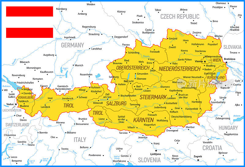 奥地利矢量地图与海，湖泊，河流，国旗和地理边界