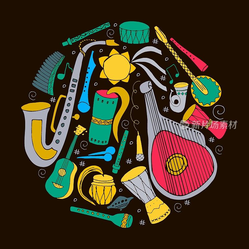 一套手绘的传统斯拉夫，乌克兰乐器在圆圈。