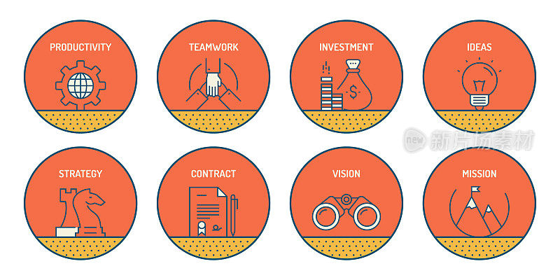 一组业务相关的线路图标。简单的轮廓图标。