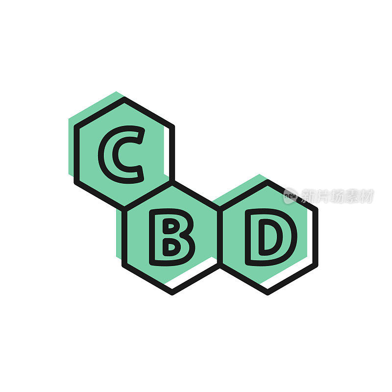 黑线大麻分子图标孤立在白色背景。大麻二酚分子结构，四氢大麻酚和CBD的配方。大麻的迹象。矢量图