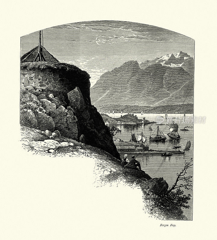 船和山在卑尔根湾，挪威，19世纪