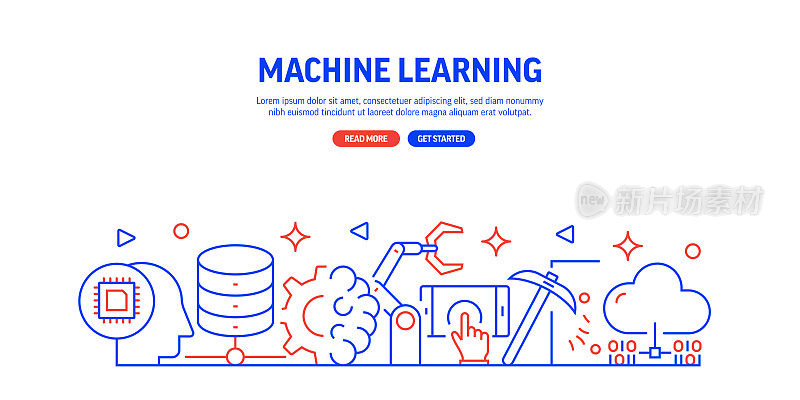 机器学习与技术相关的网页横幅线条风格。现代线性设计矢量插图的网站横幅，网站标题等。