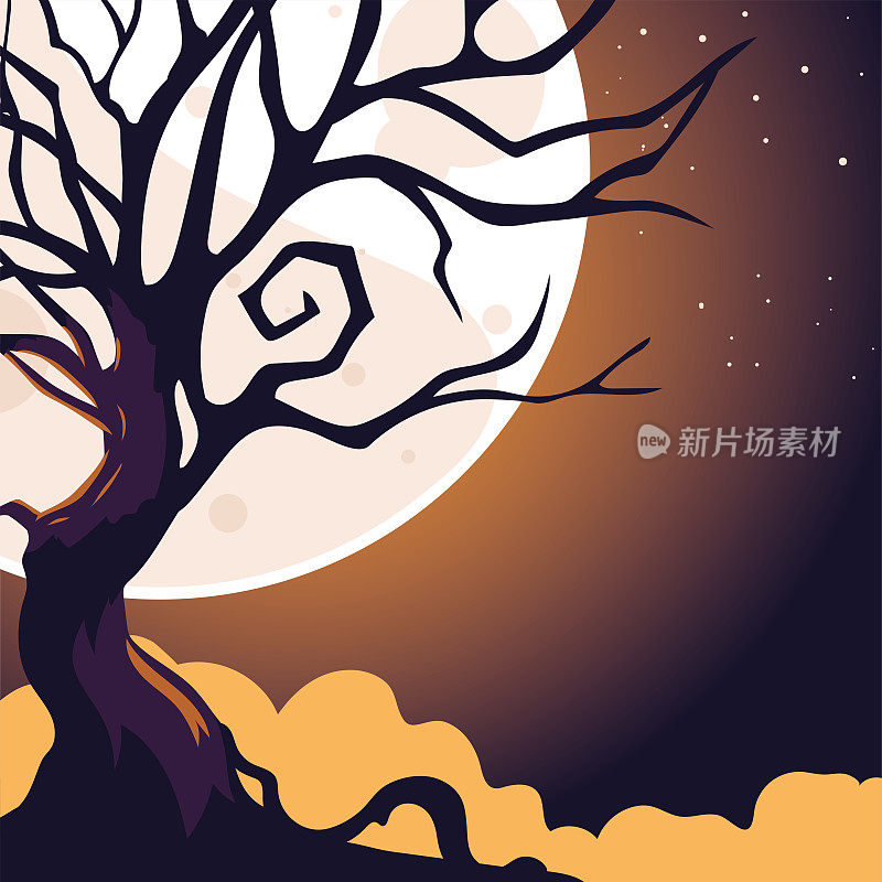 万圣节夜的背景是满月和可怕的树