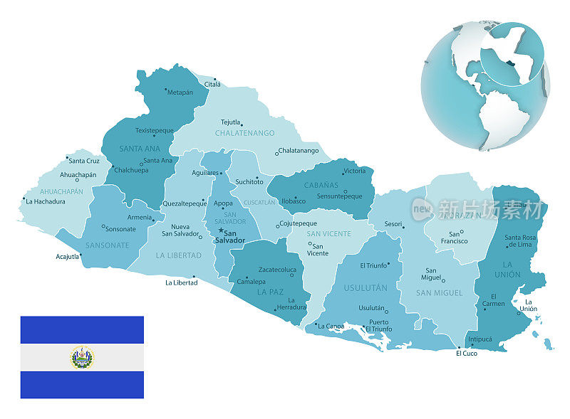 萨尔瓦多行政蓝绿色地图上的国家国旗和位置在一个全球。