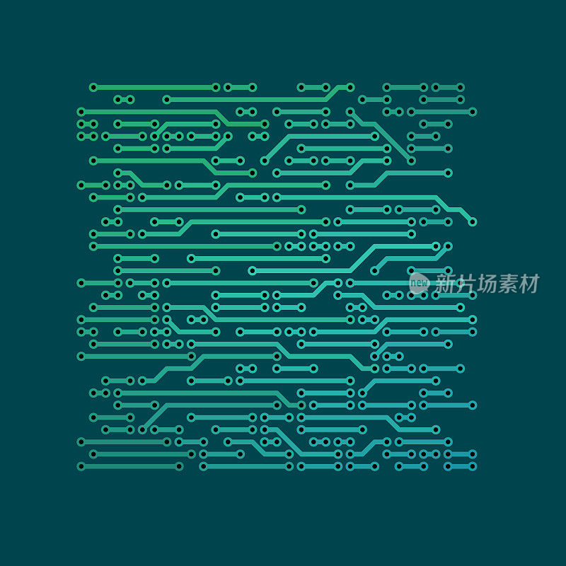 一种青色印刷电路板(PCB)图案，带有发光的绿色线和节点，代表电子连接。