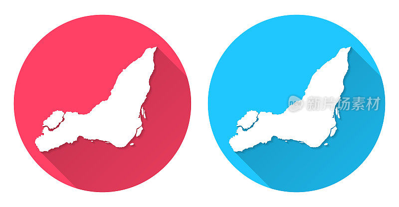 蒙特利尔岛地图。圆形图标与长阴影在红色或蓝色的背景