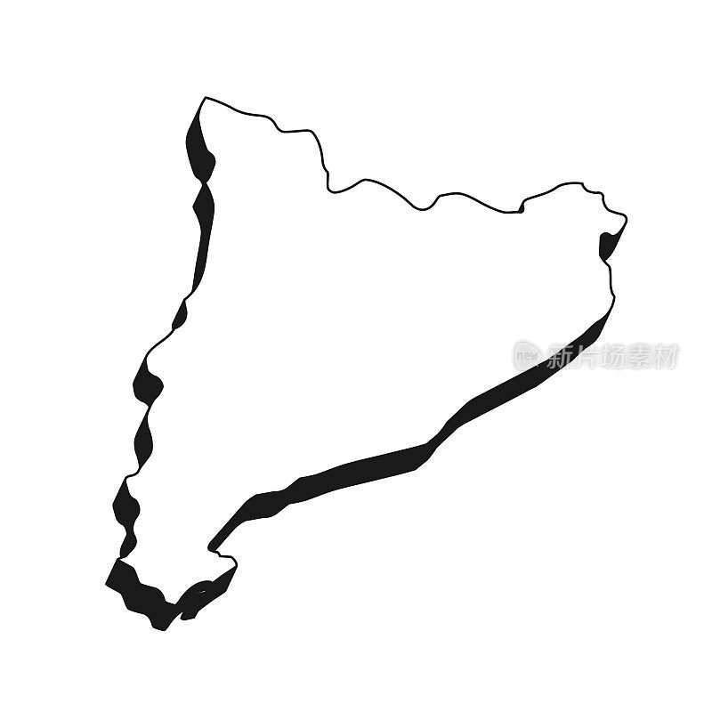 加泰罗尼亚地图与黑色轮廓和阴影在白色背景