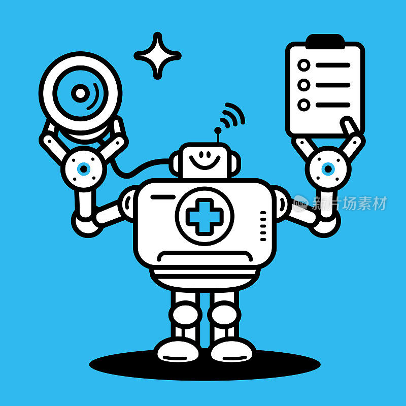 未来医疗伙伴，一个人工智能机器人医生手持听诊器和医疗记录