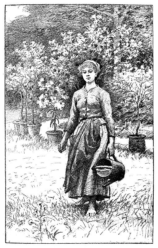 年轻女子在花园里浇花