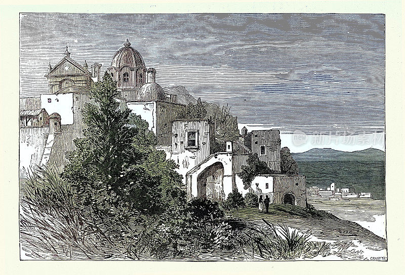 拉科在伊斯基亚岛上，一个火山岛在那不勒斯湾，意大利，1881年，维多利亚时代的历史，复古插图