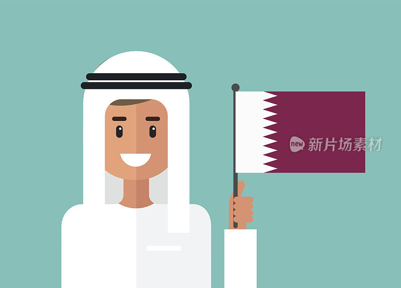 手持卡塔尔国旗的卡塔尔男子。矢量平面插图