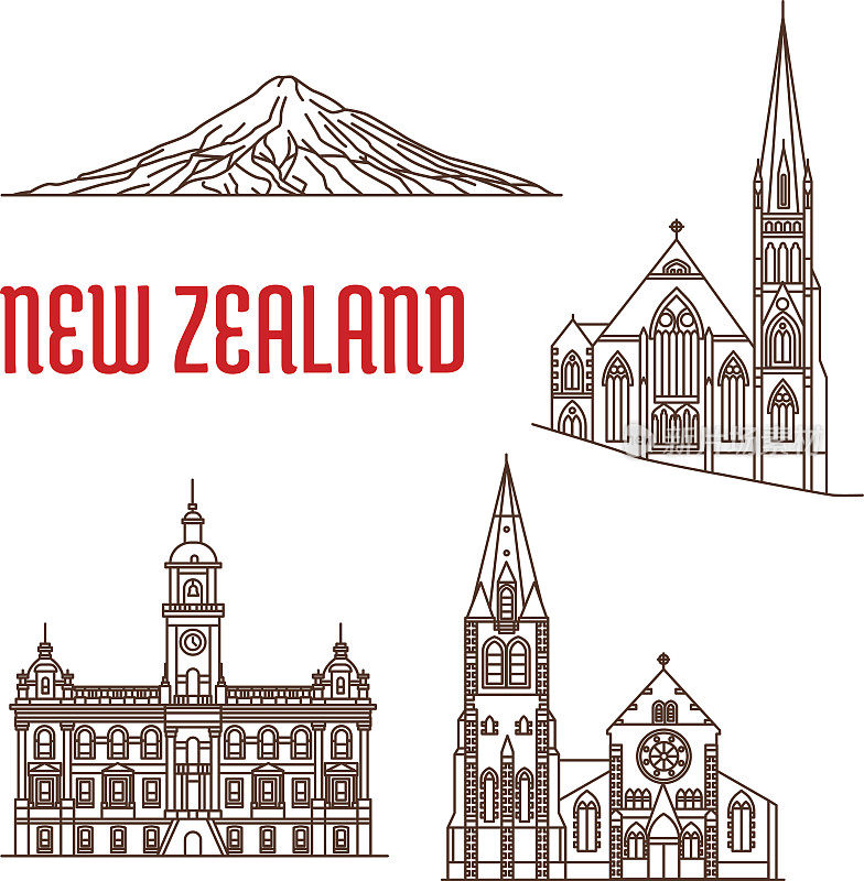 新西兰旅游地标细线标志