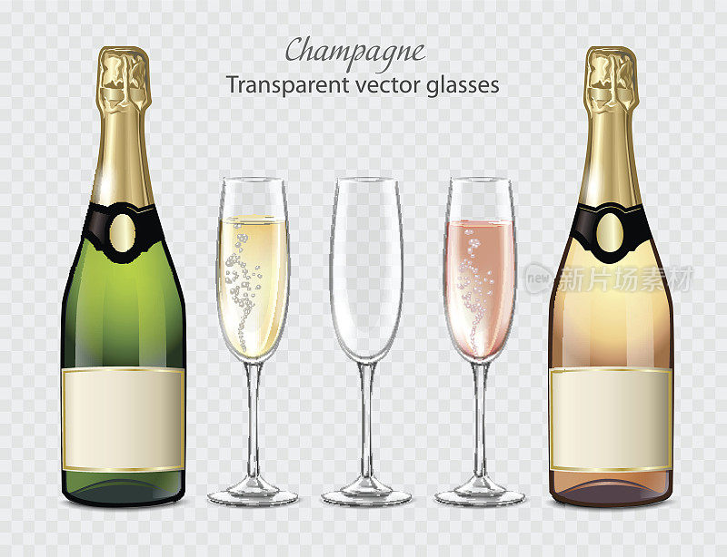 透明的矢量杯和香槟瓶和空杯子
