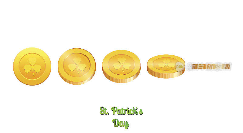 金币和三叶草。圣帕特里克节矢量硬币。