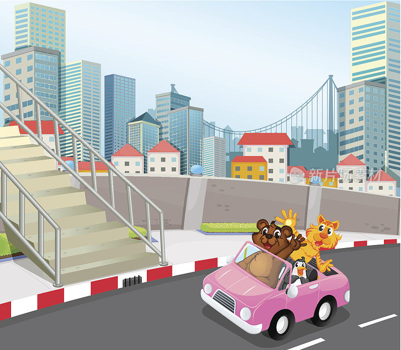 粉红色的车和动物在城市中奔跑