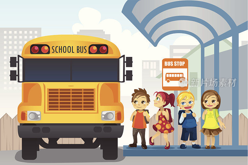 卡通儿童即将登上一辆校车在公共汽车站